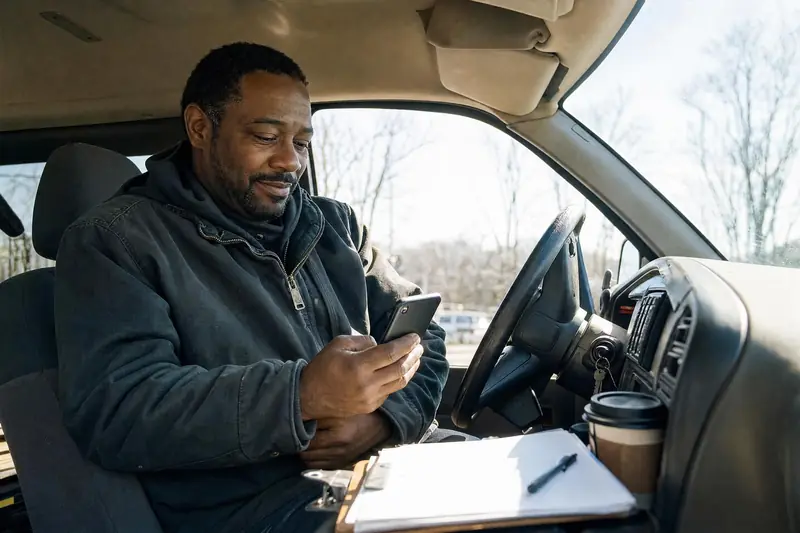 A business owner in a work jacket checking a phone in a pickup truck