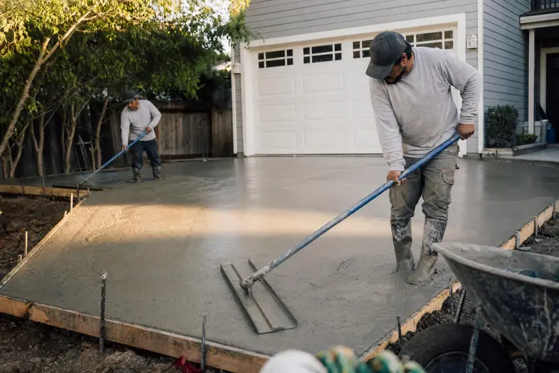 Two finishers floating a freshly poured residential driveway