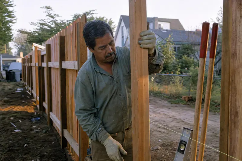 A fence installer setting a new cedar post along a property line